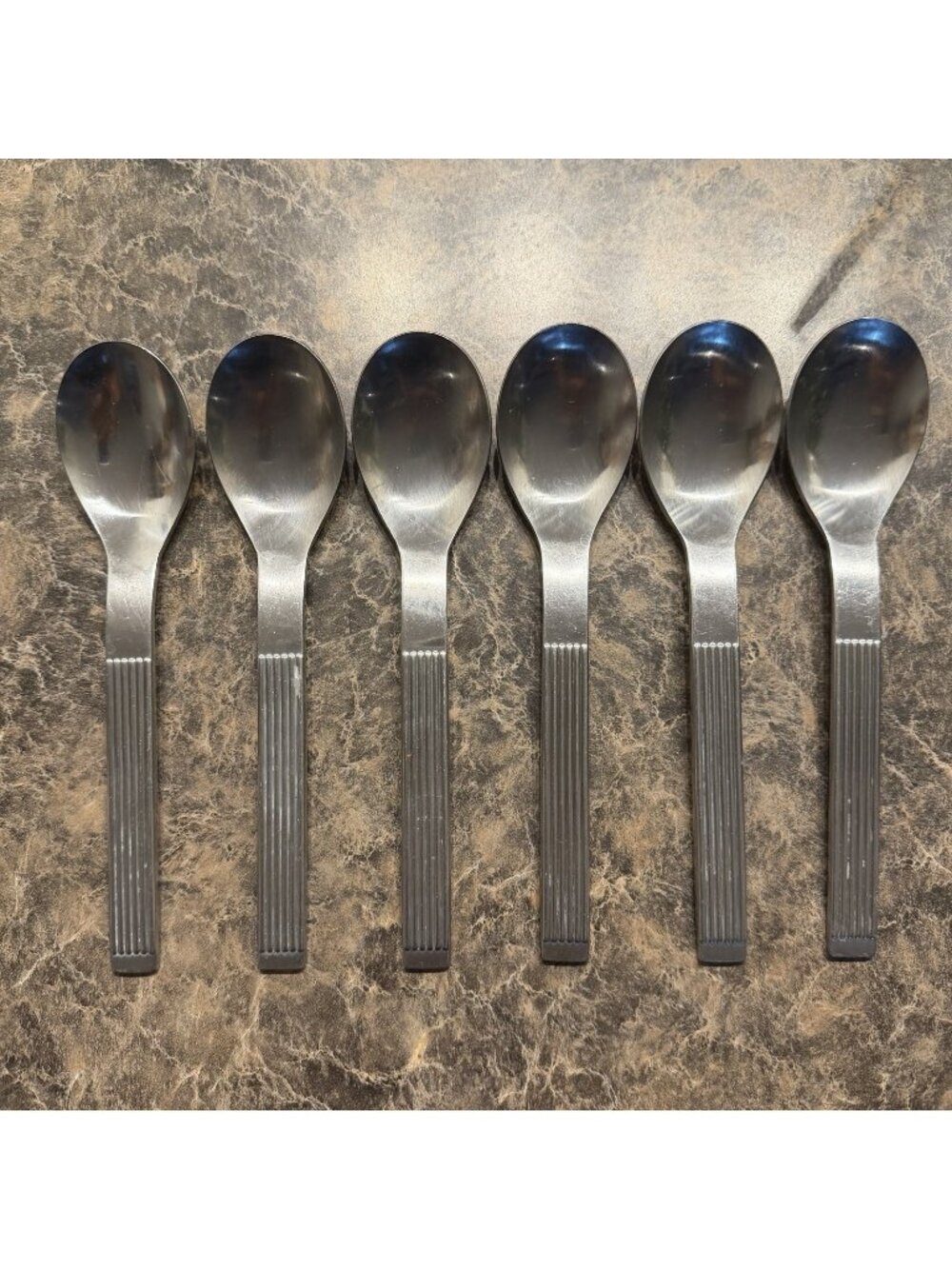 6 Dansk Thebe Stainless Place Oval Soup Spoons Japan Satin Ribbed Flatware
